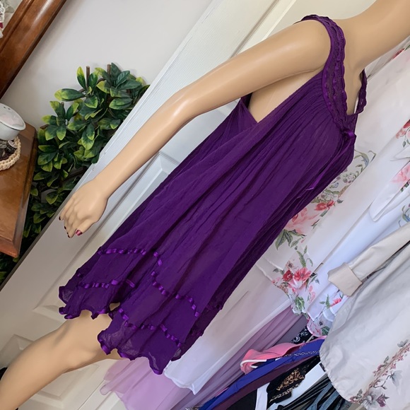 Purple Gauze sleeveless boho tunic mini dress babydoll top L - Picture 10 of 13